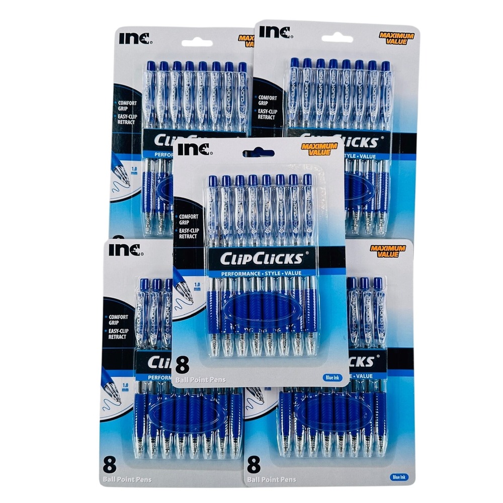 Inc. 40 Count Ball Point Pens Blue Retractable 1.0mm ClipClicks 5 Pack